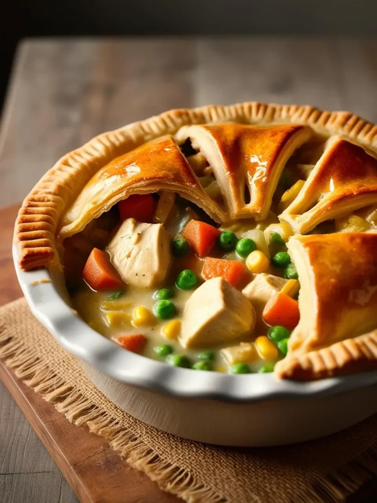 A golden-brown chicken pot pie with a flaky crust. The pie is filled with a creamy sauce, chicken, carrots, peas, and corn. The pie is sliced and ready to be served. The dish looks warm, comforting, and perfect for a cold day.