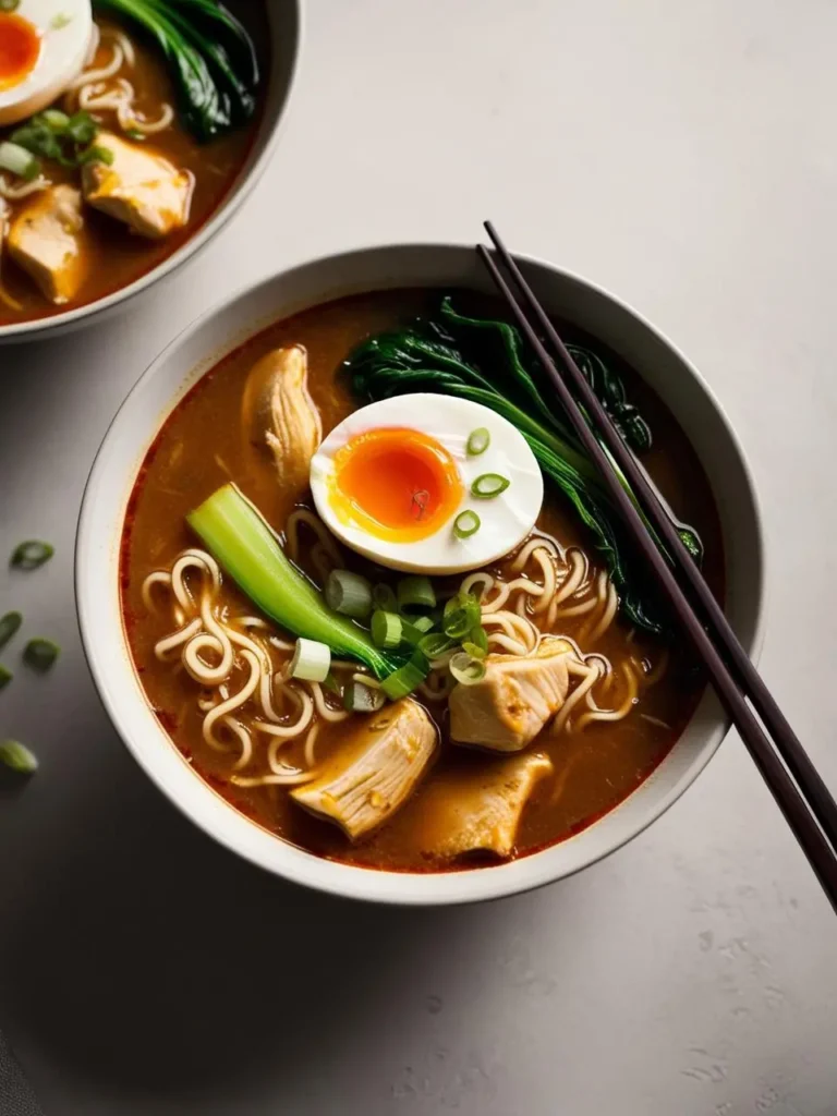 A bowl of chicken ramen with a spicy broth, topped with a soft-boiled egg, bok choy, and green onions. Chopsticks are placed beside the bowl.