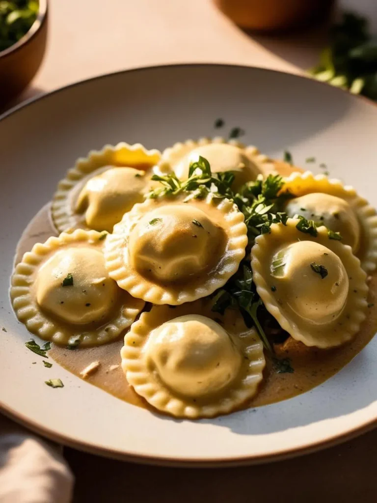 A plate of homemade ravioli with a creamy sauce. The ravioli is golden brown and filled with a savory filling. The dish is garnished with fresh parsley and looks delicious and inviting.