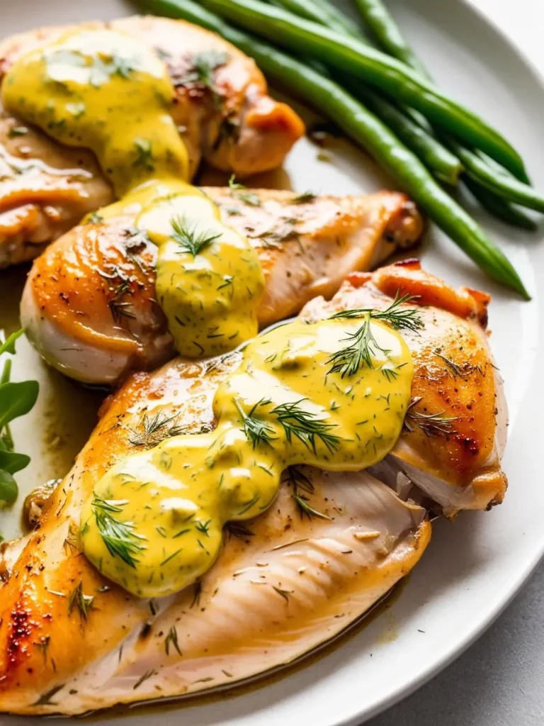 A plate of juicy roasted chicken breasts topped with a creamy Dijon mustard sauce and garnished with fresh dill. A side of green beans is also included on the plate. The dish looks delicious and inviting.