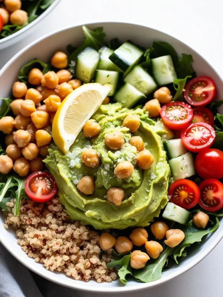 A colorful and nutritious bowl filled with quinoa, chickpeas, avocado, cucumber, tomatoes, and greens. The bowl looks fresh, healthy, and perfect for a light lunch or dinner.