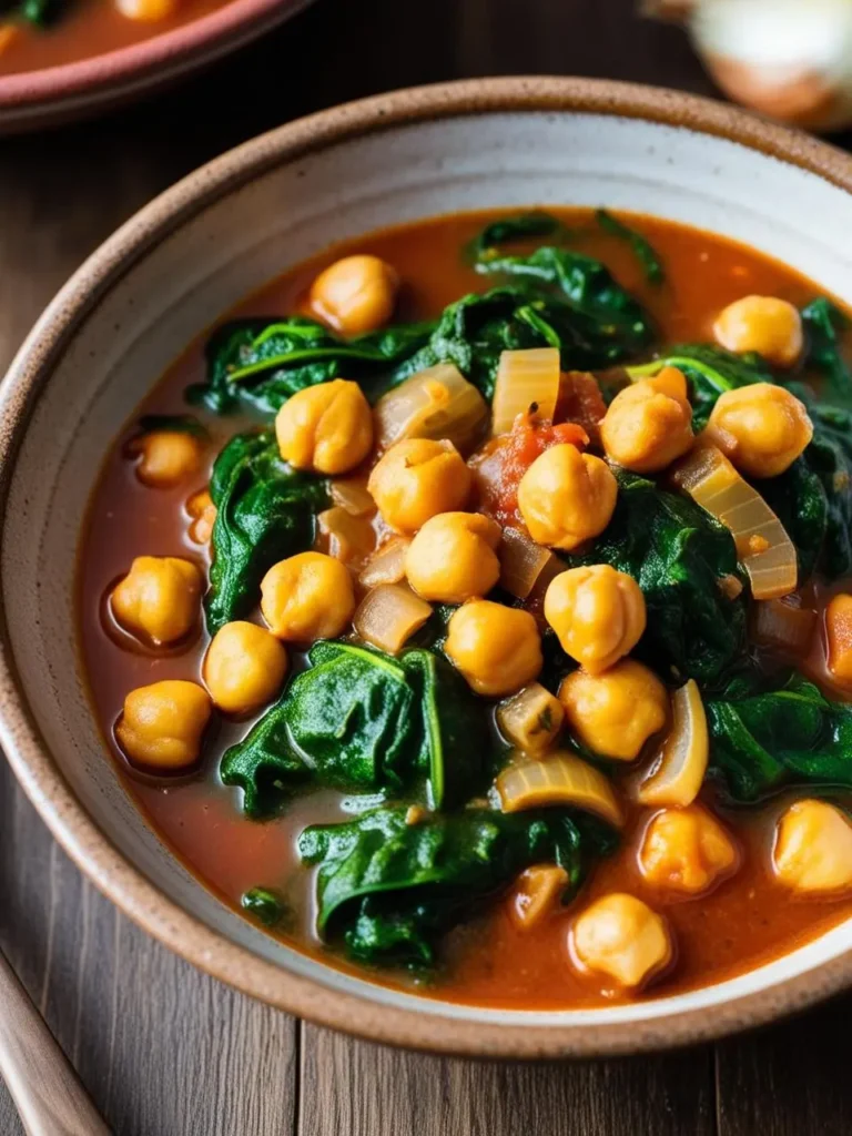 A bowl of hearty chickpea and spinach stew. The stew is simmered in a rich tomato broth and looks warm and comforting.