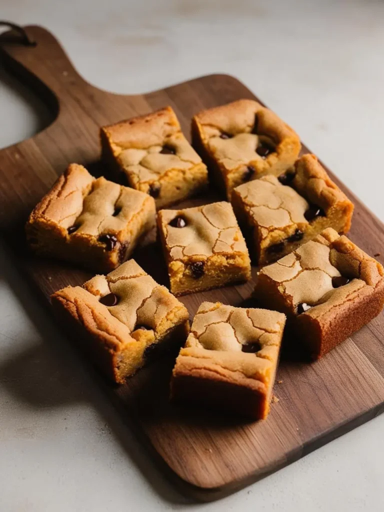 A wooden cutting board filled with squares of golden brown blondies. The blondies are studded with chocolate chips and have a slightly crispy top with a soft, chewy center. The image looks incredibly appetizing and perfect for a sweet treat.