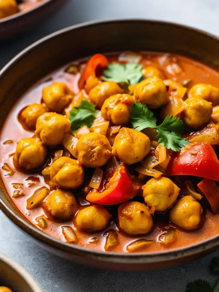 A bowl of vibrant and flavorful chickpea curry, with tender chickpeas, aromatic spices, and fresh herbs. The dish looks both inviting and delicious.