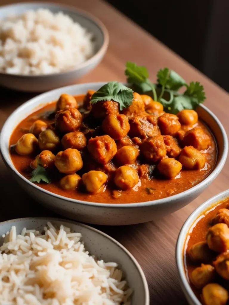 A bowl of flavorful chickpea curry served with a side of fluffy white rice. The curry is rich, aromatic, and topped with fresh cilantro.