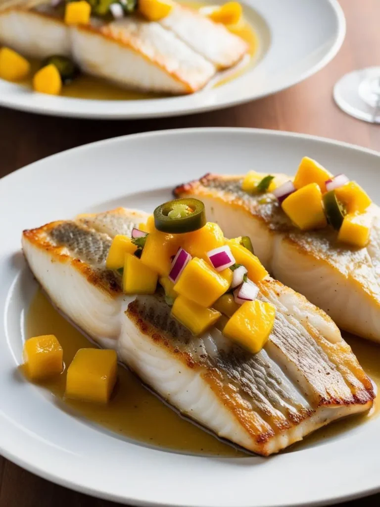 Two perfectly cooked Chilean sea bass fillets are topped with a vibrant mango salsa. The fish is golden brown and flaky, and the salsa adds a burst of tropical flavor. The dish looks incredibly fresh and appetizing.