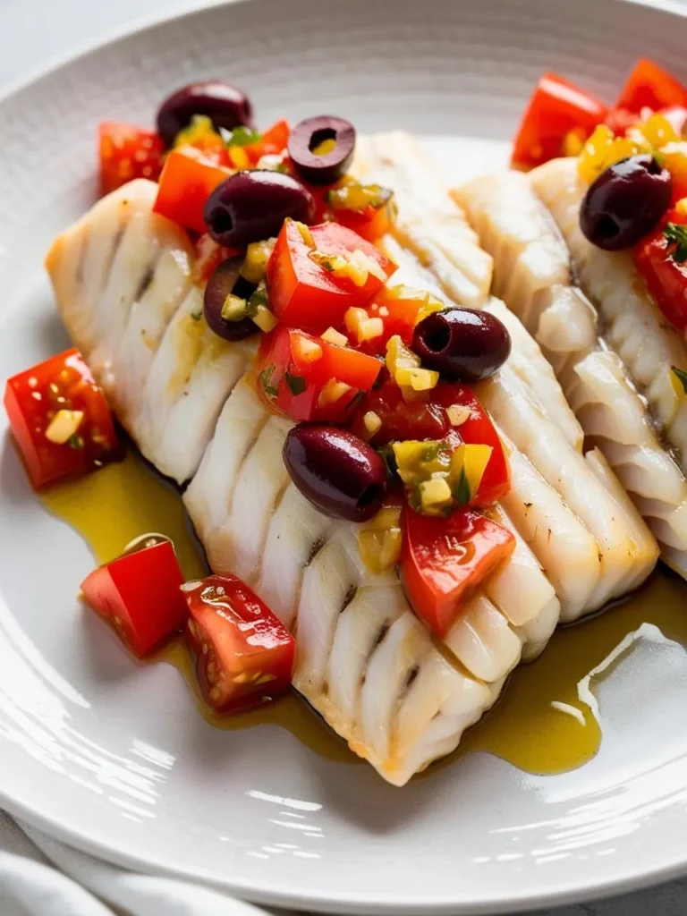 A plate of pan-seared Chilean sea bass fillets topped with a vibrant Mediterranean salsa. The salsa is made with diced tomatoes, olives, and herbs, adding a burst of flavor to the delicate fish. The dish looks fresh, light, and incredibly appetizing.