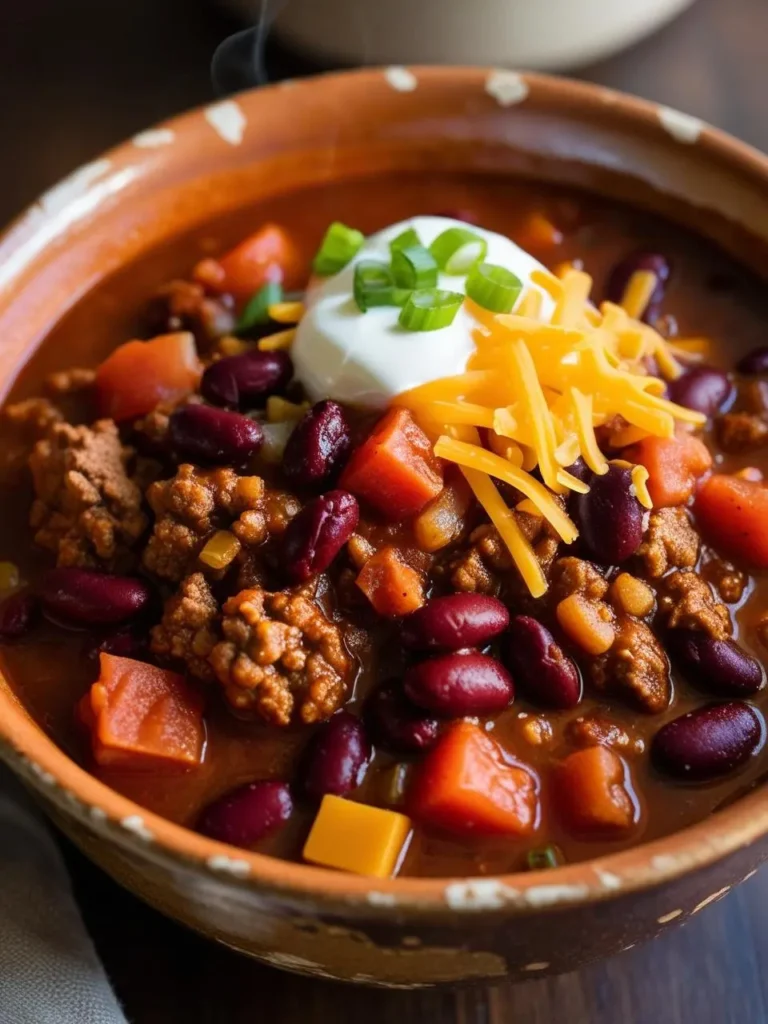 A steaming bowl of chili topped with shredded cheddar cheese, dollops of sour cream, and chopped green onions. The chili appears to be made with ground beef, kidney beans, and other vegetables. The dish looks hearty, flavorful, and perfect for a cold day.