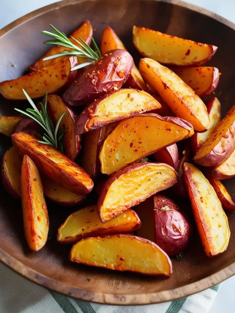 A large wooden bowl filled with crispy roasted red potato wedges. The wedges are golden brown and seasoned with herbs and spices. Fresh rosemary sprigs are scattered on top.