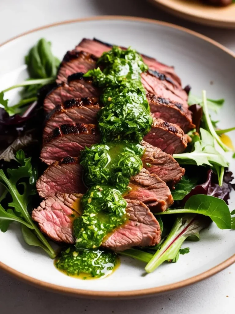 A plate of a beautifully grilled steak salad. The steak is sliced and arranged on a bed of mixed greens. It's drizzled with a vibrant green chimichurri sauce, adding a burst of flavor and color. The salad looks fresh, flavorful, and perfect for a summer meal.