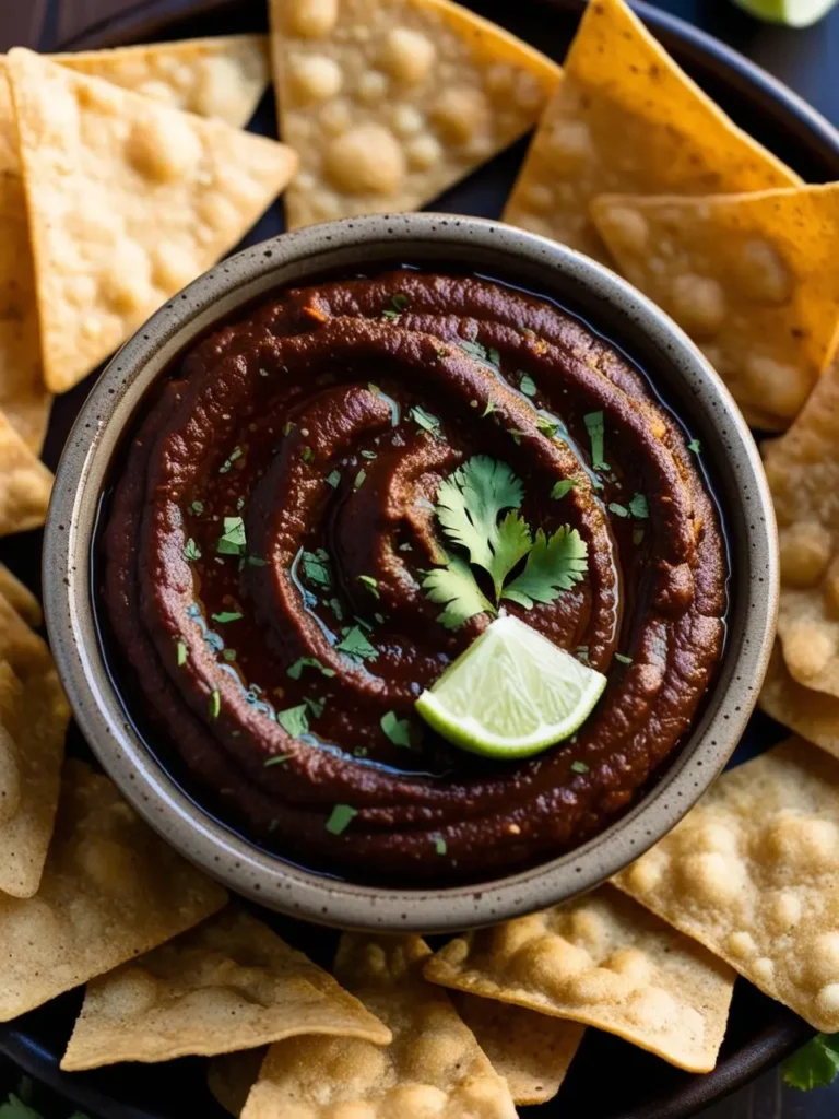 A bowl of smoky black bean dip surrounded by a ring of tortilla chips. The dip is a deep, rich color and is garnished with a sprig of cilantro and a lime wedge. It looks like the perfect party appetizer.