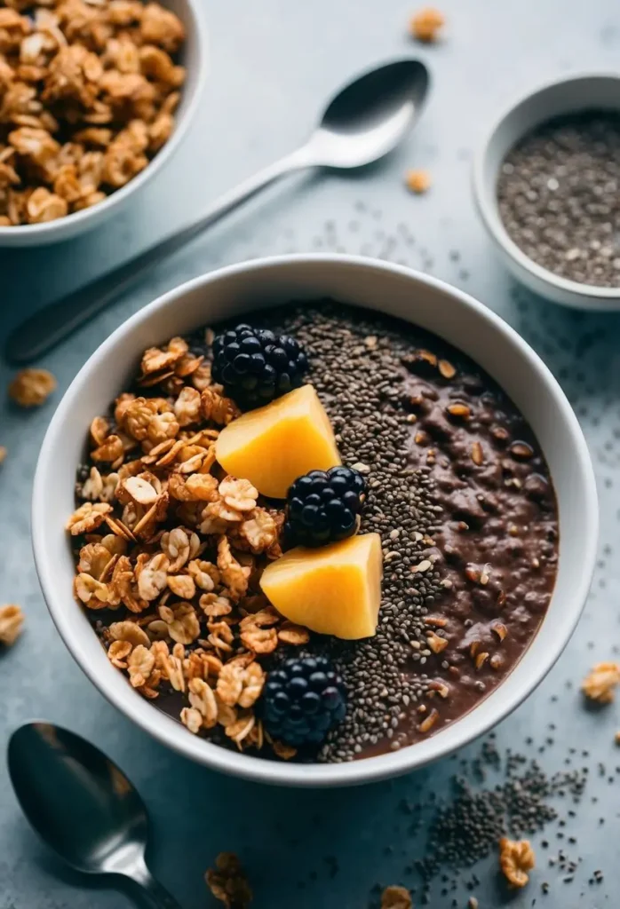 A bowl of chocolate chia overnight oats topped with crunchy granola and fresh fruit, surrounded by scattered chia seeds and a spoon