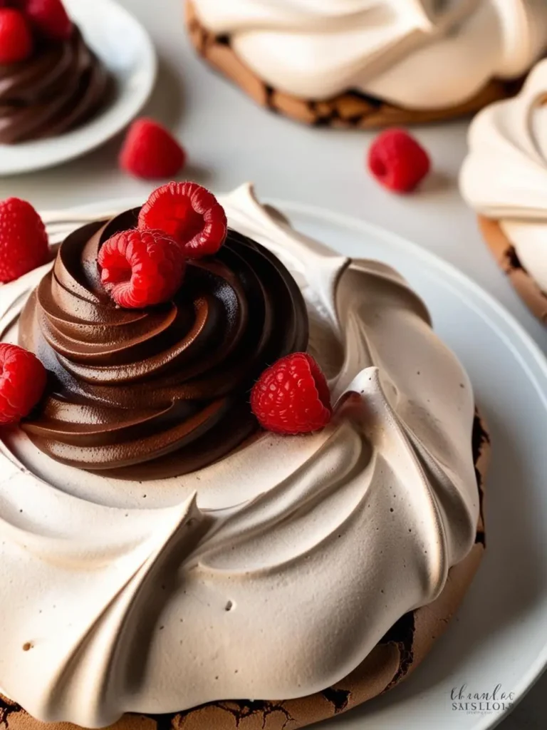 A decadent chocolate pavlova with a rich chocolate ganache and fresh raspberries. The meringue base is crispy and the ganache is smooth and creamy. The image looks incredibly appetizing and perfect for a special occasion.