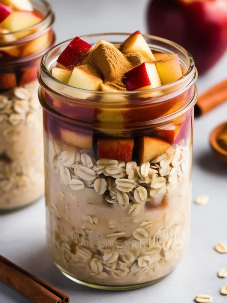 A jar filled with layers of creamy overnight oats, diced apples, and a sprinkle of cinnamon. The oats look delicious and perfect for a healthy and satisfying breakfast.