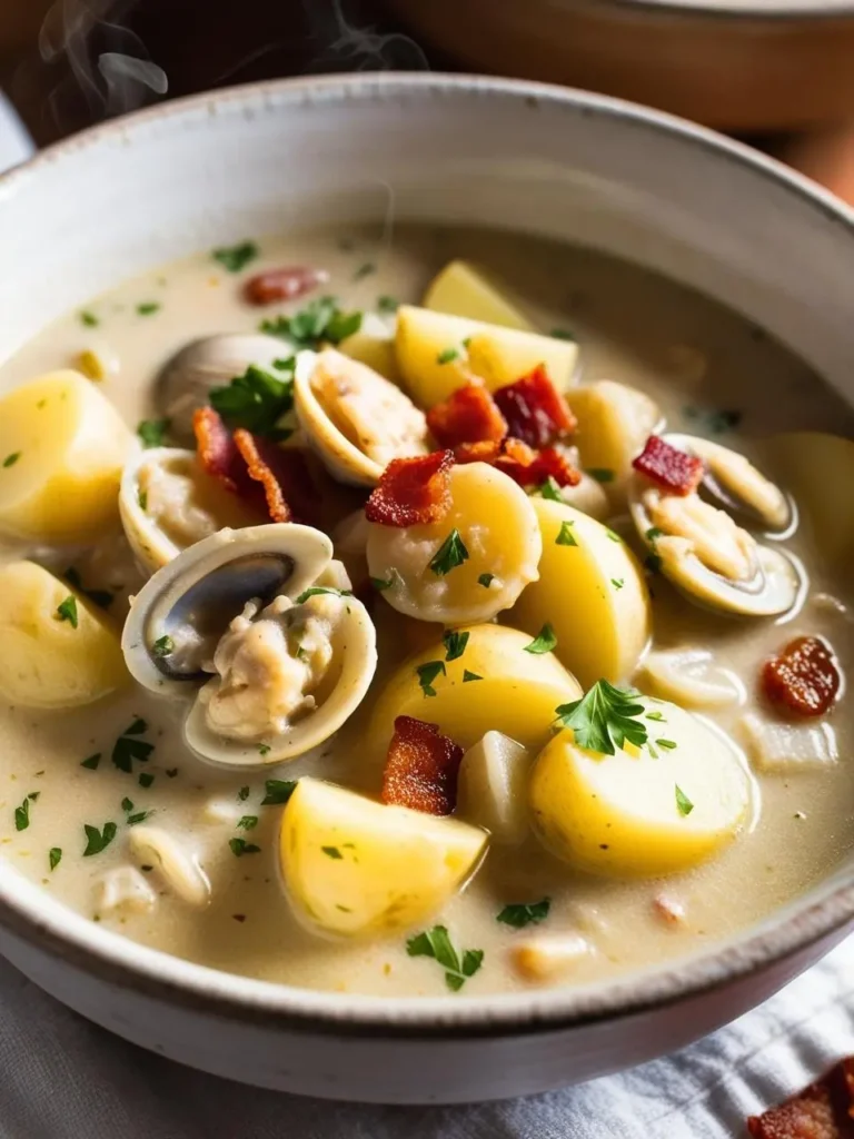 A steaming bowl of creamy clam chowder. The soup is filled with clams, potatoes, and bacon, and is garnished with fresh parsley. The dish looks warm, comforting, and perfect for a cold day.