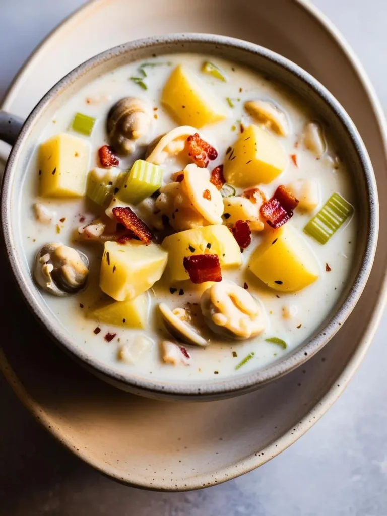 A bowl of creamy clam chowder with potatoes, clams, bacon, and celery. The soup looks hearty and delicious, perfect for a cold day.