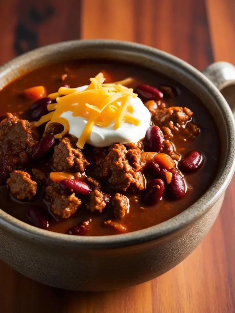 A bowl of hearty chili with ground beef, kidney beans, and a variety of vegetables. The chili is topped with shredded cheddar cheese and a dollop of sour cream. The dish looks warm, comforting, and perfect for a cold day.