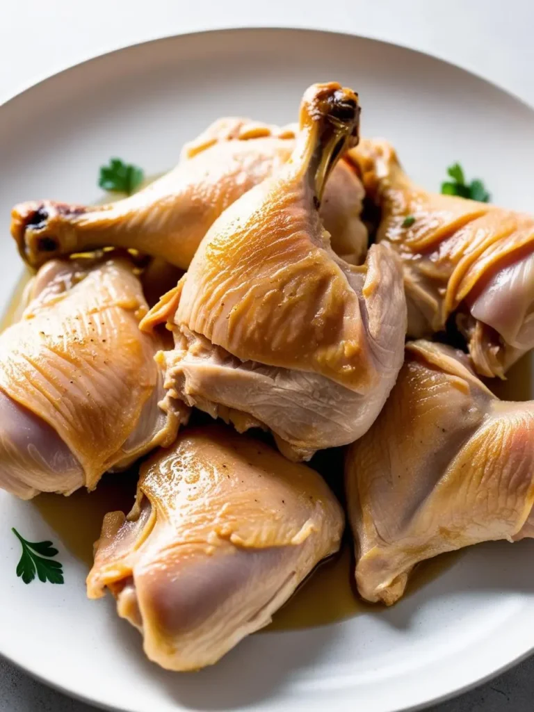 A plate of juicy, golden-brown boiled chicken legs. The chicken looks tender and flavorful, perfect for a variety of dishes. The image is set against a white background, and fresh parsley is sprinkled around the plate.