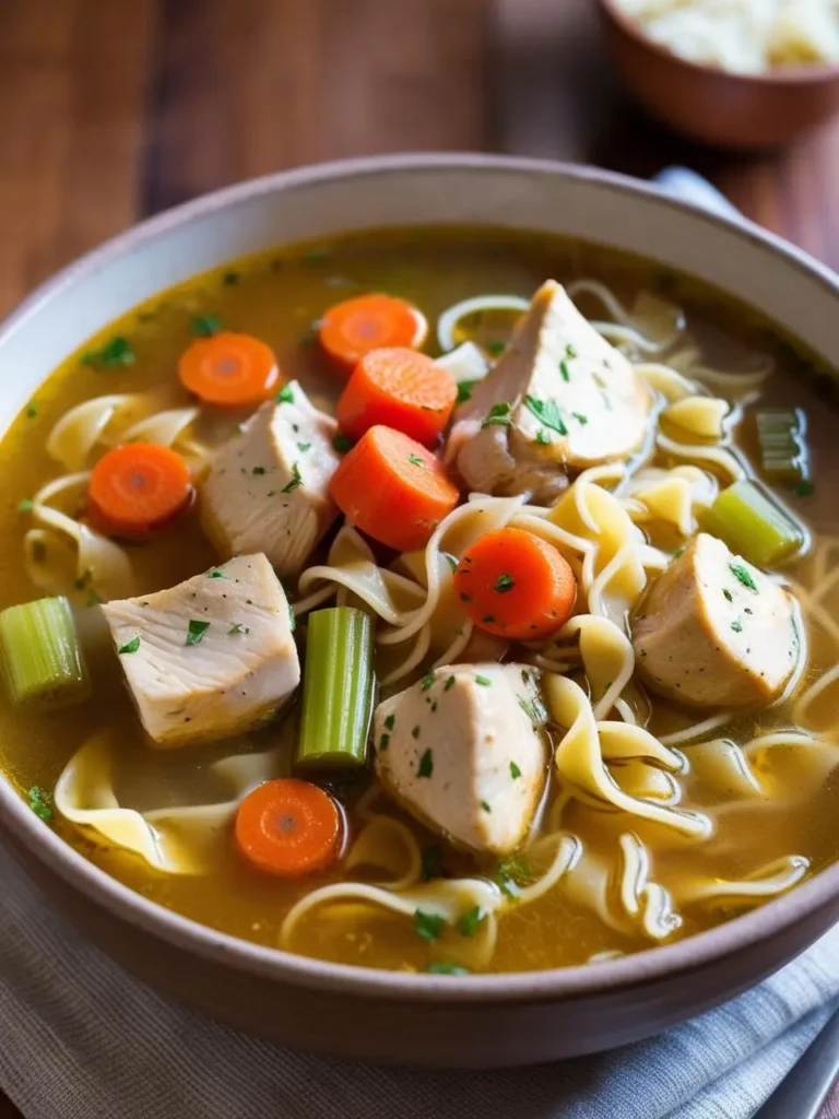 A bowl of chicken noodle soup with tender chicken, carrots, celery, and egg noodles in a flavorful broth. The soup looks comforting and perfect for a cold day.