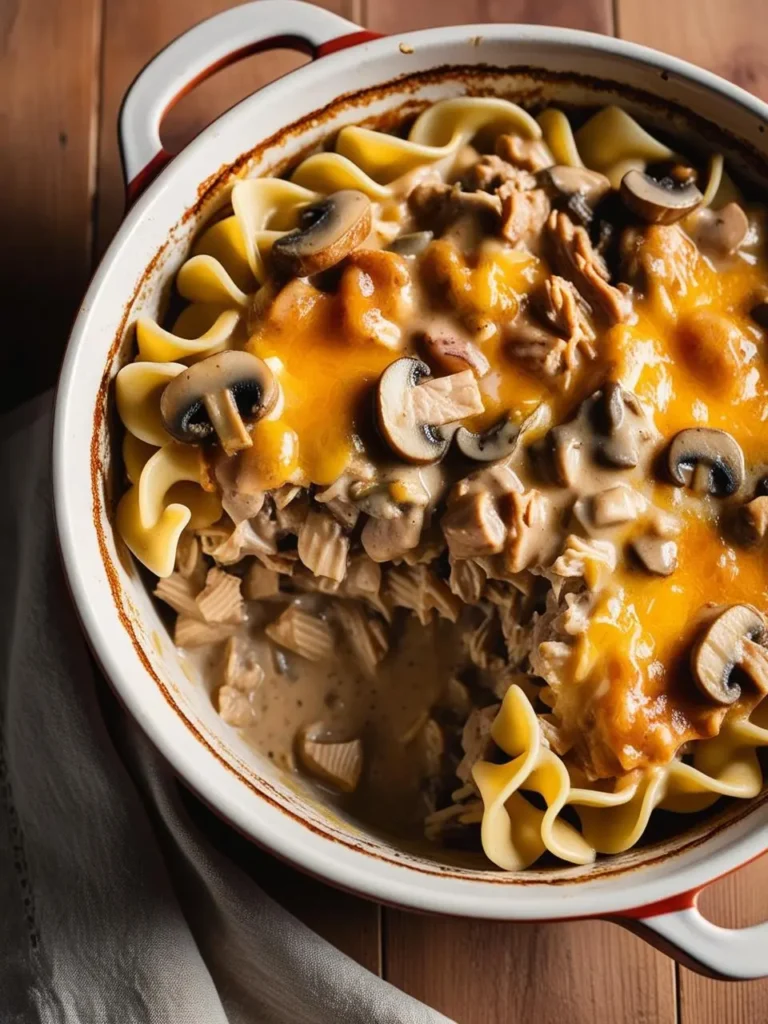 A close-up view of a creamy tuna noodle casserole in a white ceramic baking dish. The casserole is topped with melted cheese, mushrooms, and noodles, and a scoop has been taken out to reveal the creamy filling.