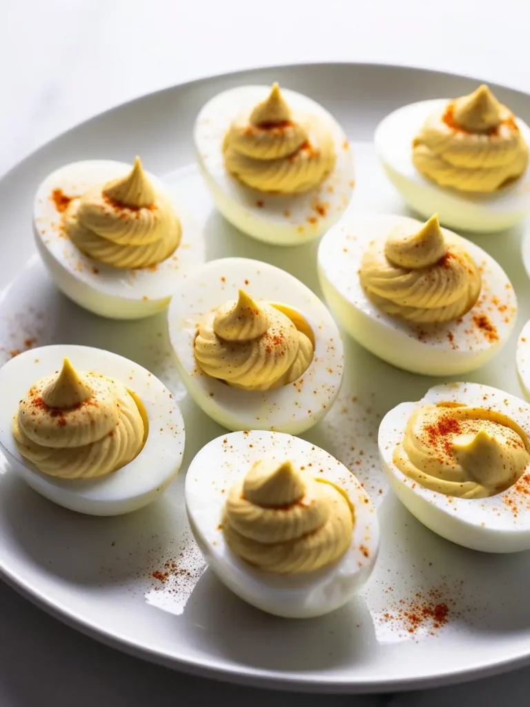 A plate of deviled eggs, each half filled with a creamy yellow filling and sprinkled with paprika. The eggs are arranged neatly on a white plate, ready to be served.