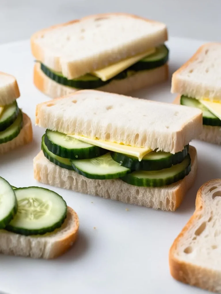 A close-up of several simple cucumber sandwiches. The sandwiches consist of two slices of white bread with thin cucumber slices and a slice of cheese in between.