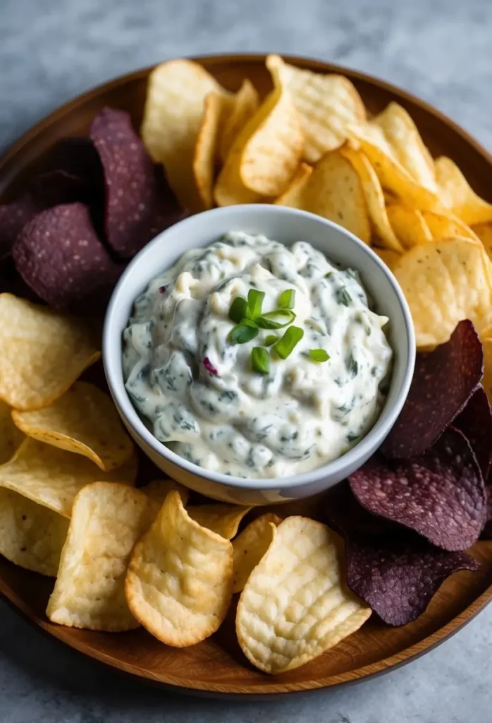 A bowl of creamy spinach dip is surrounded by a variety of colorful chips on a wooden platter. The dip is garnished with chopped green onions, making it look incredibly appetizing and perfect for a party or game day snack.