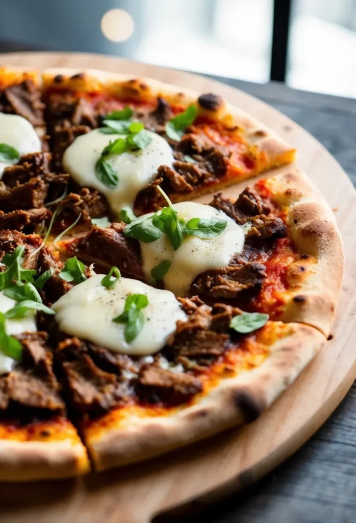 A mouthwatering Italian beef pizza with savory toppings on a golden, crispy crust