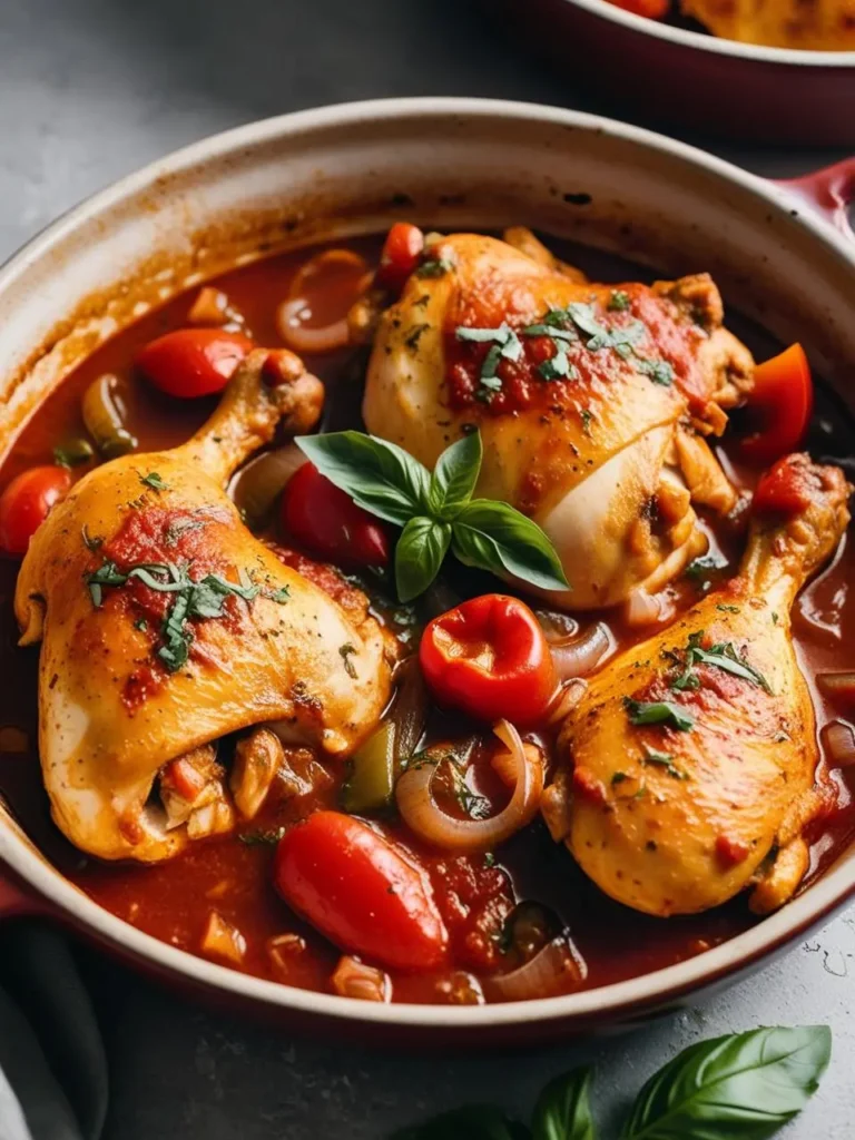 A close-up view of a skillet filled with chicken cacciatore. The dish features tender chicken thighs simmered in a rich tomato sauce with vegetables like cherry tomatoes, onions, and peppers. Fresh basil leaves are sprinkled on top.