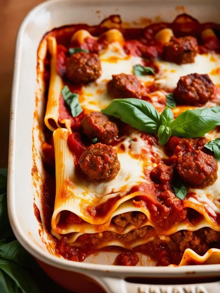 A close-up of a baked lasagna casserole. The lasagna is layered with meat sauce, ricotta cheese, and mozzarella cheese, and topped with meatballs and fresh basil. The dish looks rich, cheesy, and incredibly appetizing.