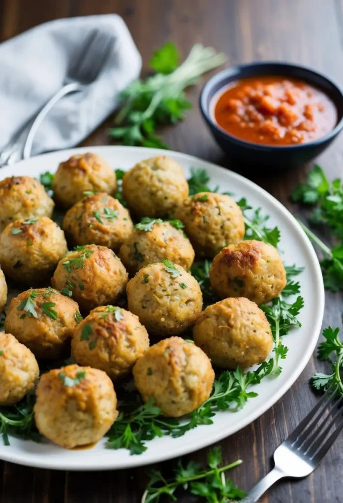 A table set with a platter of classic Italian turkey meatballs surrounded by fresh herbs and a bowl of marinara sauce