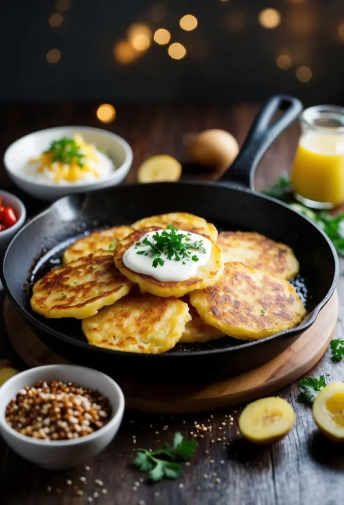 A sizzling skillet of golden brown potato pancakes, surrounded by a variety of toppings and garnishes