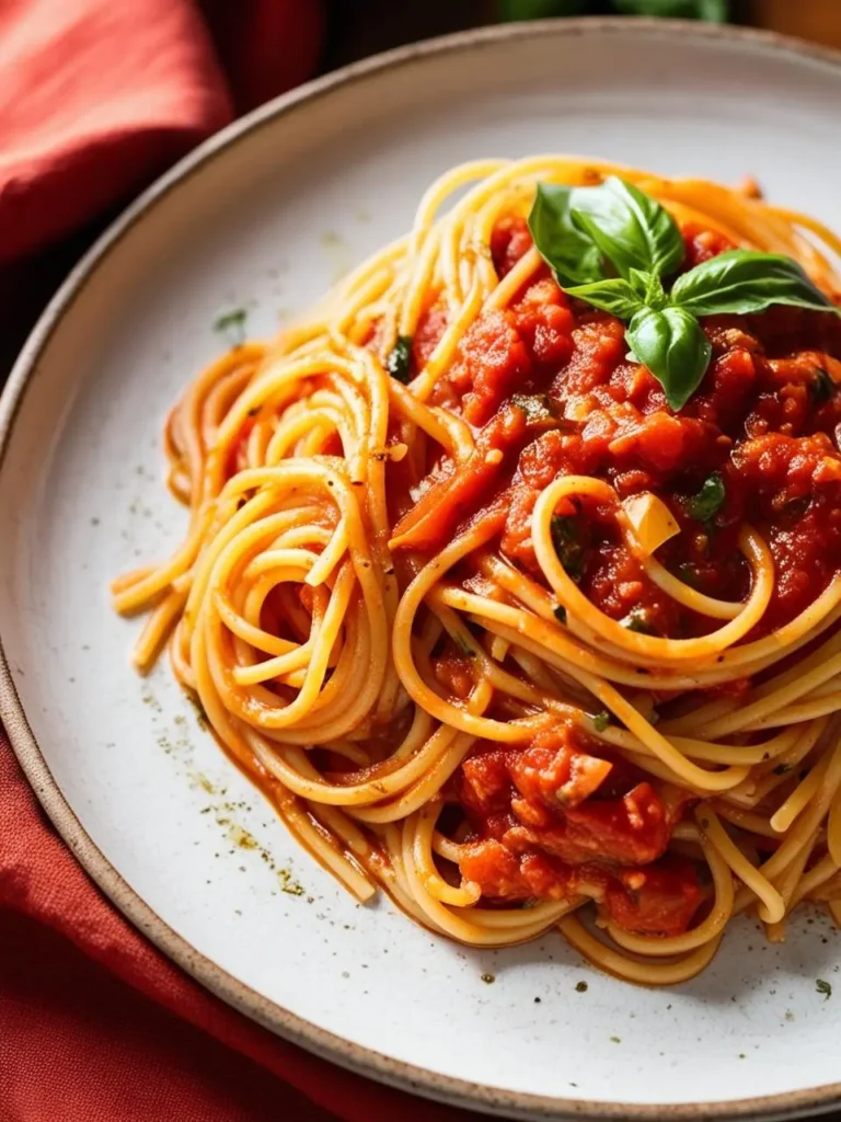 A plate of spaghetti with a rich tomato sauce. The spaghetti is cooked al dente and topped with fresh basil leaves. The dish looks delicious and inviting.