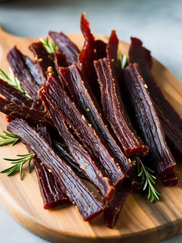 A close-up image of a pile of homemade beef jerky on a wooden cutting board. The jerky is dark brown in color and has a slightly shiny surface. There are small pieces of herbs and spices visible on the jerky, and fresh rosemary sprigs are scattered around it.