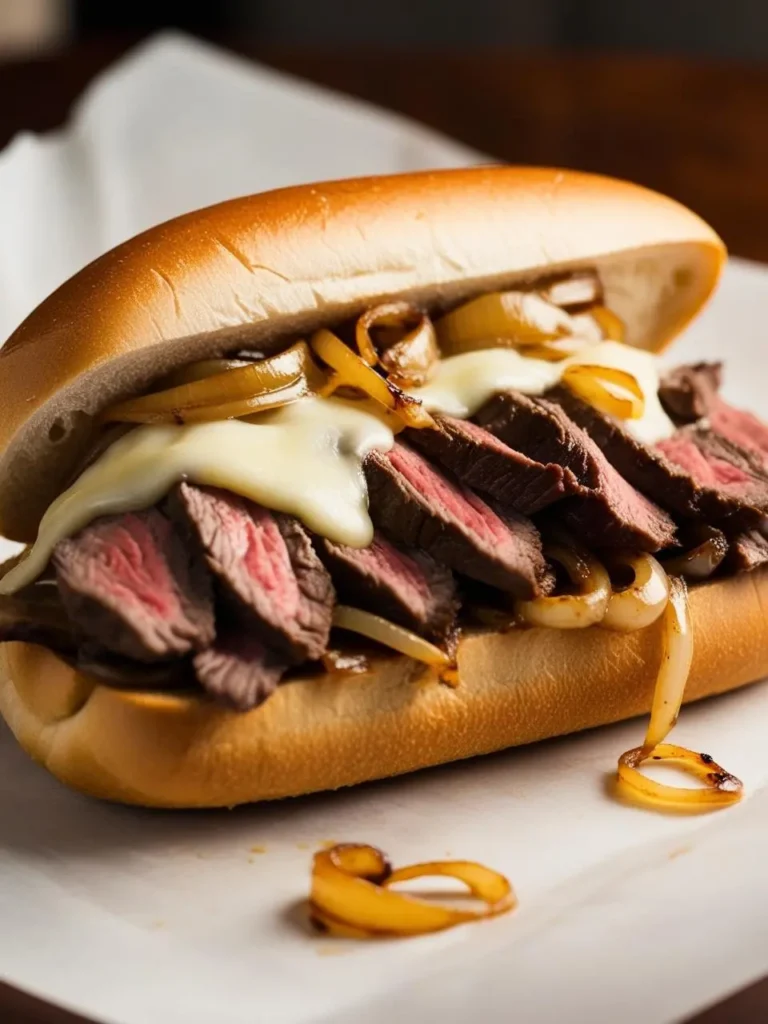 A classic cheesesteak sandwich with thinly sliced steak, melted cheese, and caramelized onions on a toasted roll. The sandwich looks incredibly appetizing and perfect for a satisfying meal.