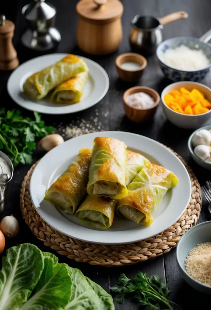 A table set with a platter of Classic Polish Cabbage Rolls, surrounded by various ingredients and cooking utensils