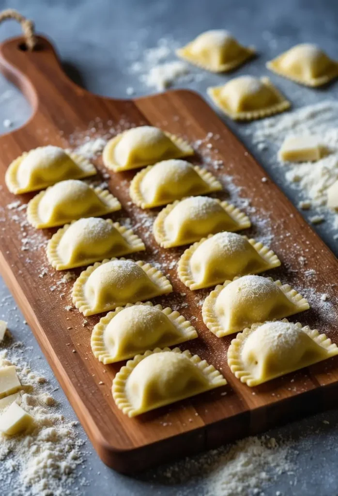 A wooden cutting board with freshly made ricotta ravioli arranged in a neat row, surrounded by scattered flour and a sprinkle of grated cheese