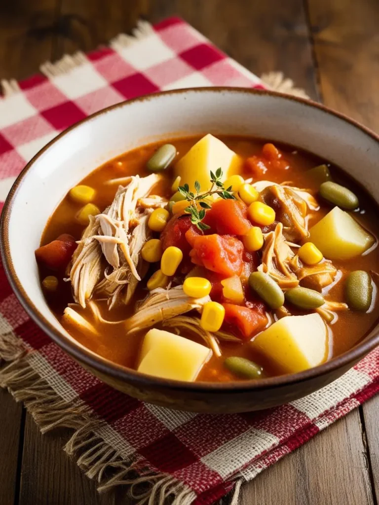 A bowl of hearty Brunswick Stew. The stew is filled with shredded chicken, lima beans, corn, potatoes, and tomatoes, all simmered in a rich broth. The dish looks comforting and perfect for a cold day.