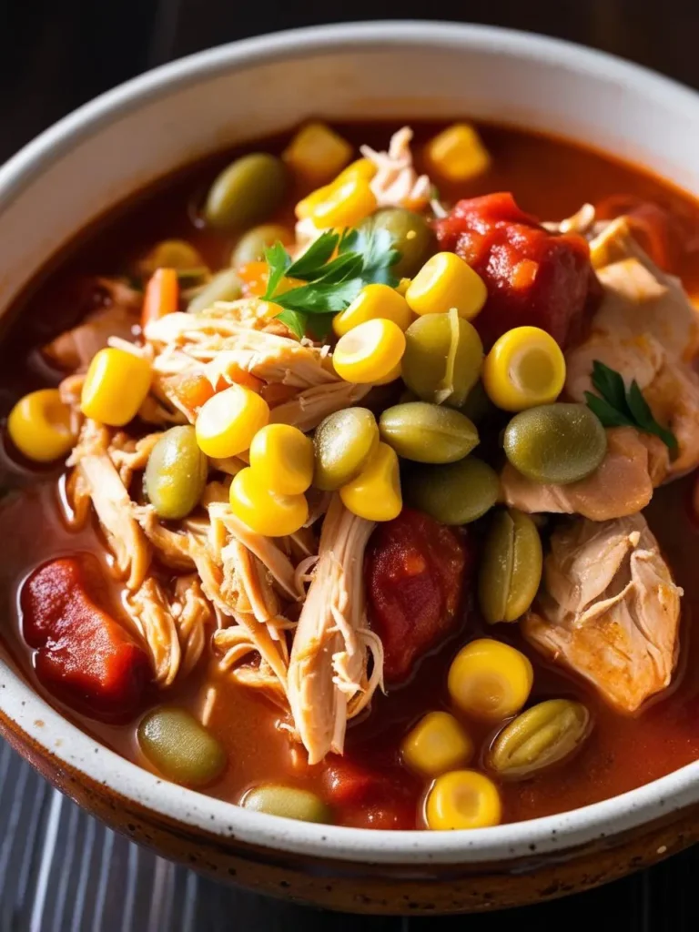 A bowl of Brunswick stew, a hearty Southern dish. It features tender shredded chicken, lima beans, corn, and tomatoes simmered in a rich broth. The stew looks comforting and perfect for a cold day.