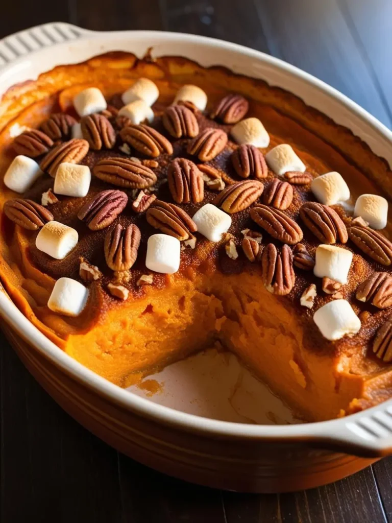 A golden-brown sweet potato casserole topped with toasted pecans, marshmallows, and a dollop of whipped cream. The casserole is baked in a ceramic dish and looks incredibly appetizing and perfect for a holiday meal.