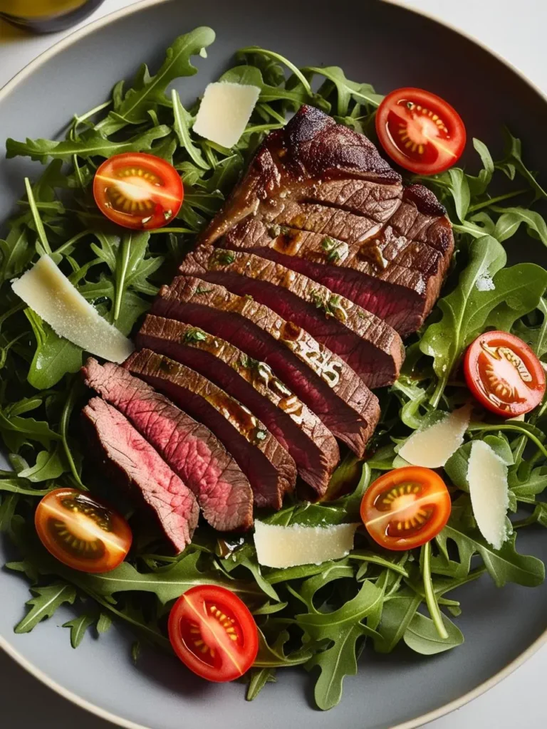 A plate of sliced steak served on a bed of arugula with cherry tomatoes and shaved Parmesan cheese. The steak is cooked to medium-rare and has a beautiful pink center. The arugula adds a peppery bite, and the tomatoes and Parmesan provide a burst of flavor.