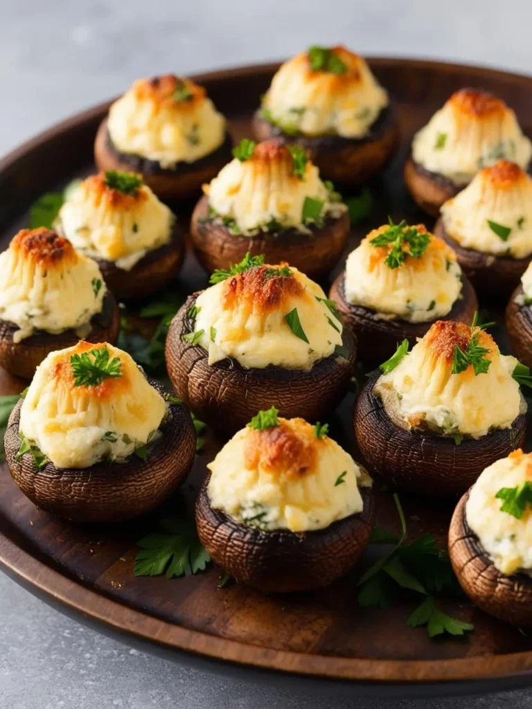 A platter of golden-brown stuffed mushrooms. Each mushroom cap is filled with a creamy, cheesy filling and sprinkled with fresh parsley. They look delicious and perfect for a party or appetizer.