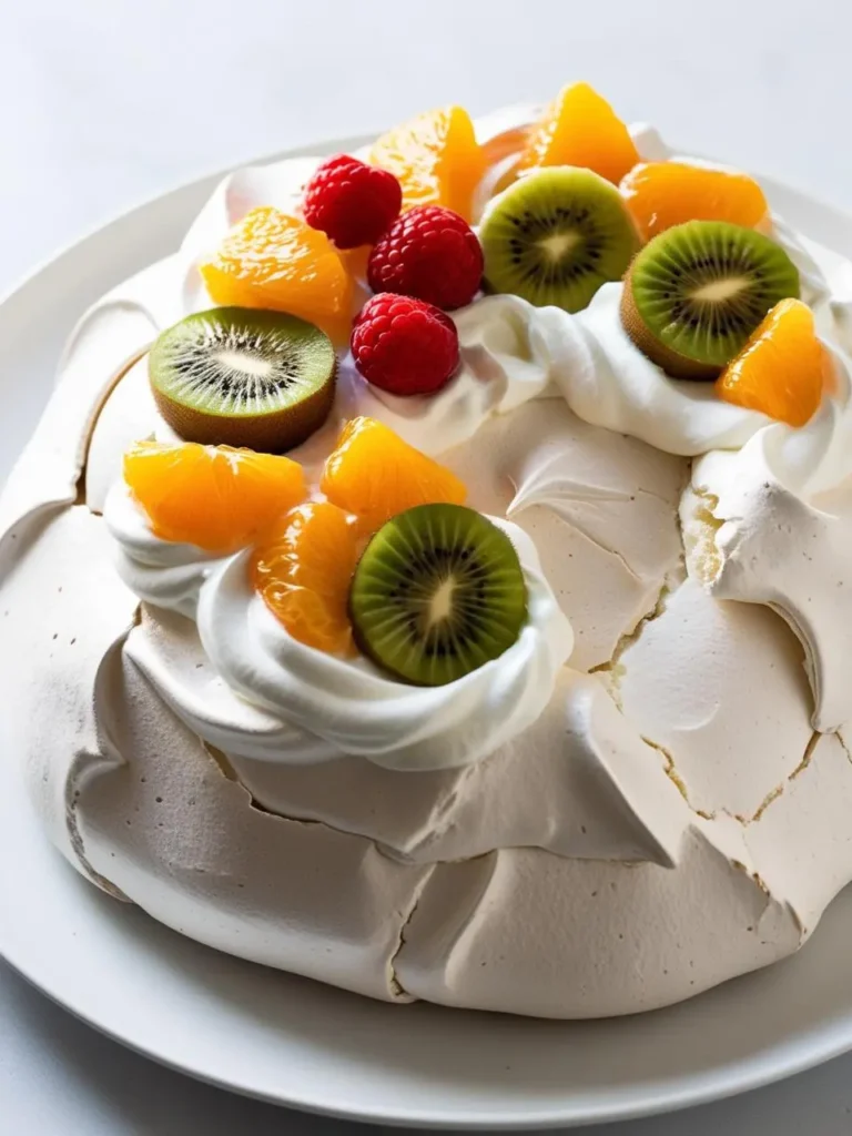 A large, airy pavlova meringue base topped with whipped cream and fresh fruits like raspberries, kiwi, and mandarin orange slices. The dessert looks light, fluffy, and perfect for a summer gathering.