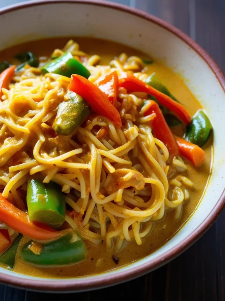 A bowl of creamy, yellow curry with rice noodles. The curry is filled with colorful vegetables like bell peppers and green beans, making it a vibrant and flavorful dish.