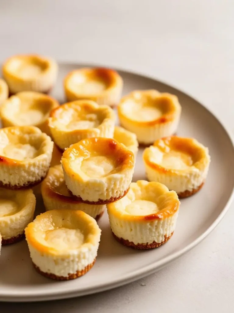 A plate piled high with bite-sized mini cheesecakes. Each cheesecake has a golden-brown crust and a smooth, creamy filling. They look perfect for a party or a sweet treat.