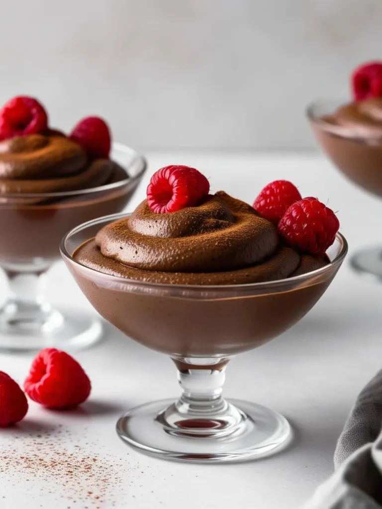 A trio of elegant dessert cups filled with rich, dark chocolate mousse. Each cup is topped with fresh raspberries and a dusting of cocoa powder, creating a decadent and visually appealing treat.