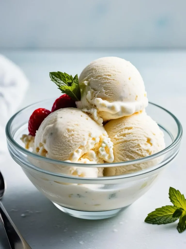 A bowl of creamy vanilla ice cream, topped with fresh raspberries and a sprig of mint. The ice cream looks smooth and rich, with a slight sheen. It's a perfect summer dessert.