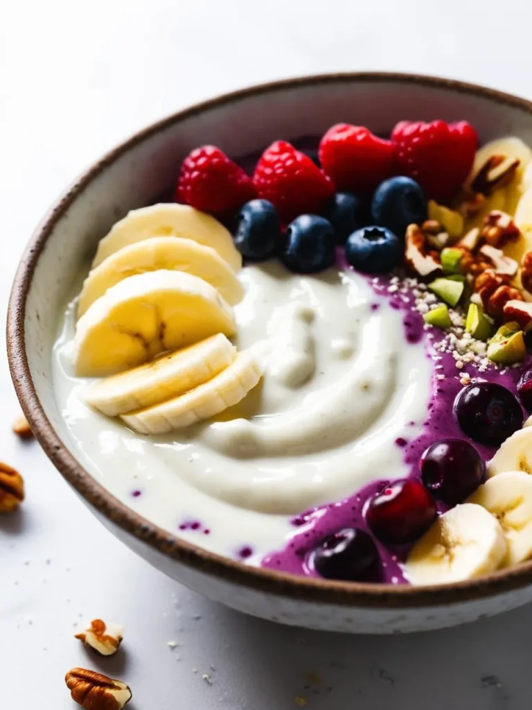 A colorful and healthy breakfast parfait. The parfait is layered with creamy yogurt, fresh berries like raspberries and blueberries, sliced bananas, and chopped nuts like pecans and pistachios. It looks like a delicious and nutritious start to the day.