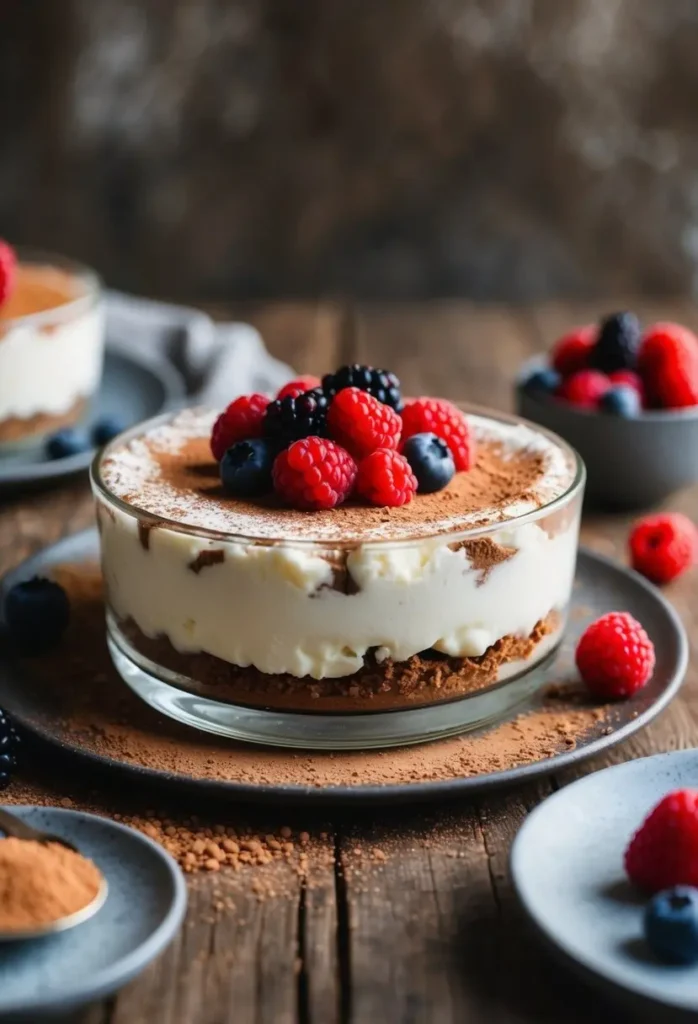 A rustic table set with a decadent cottage cheese tiramisu surrounded by fresh berries and a dusting of cocoa powder