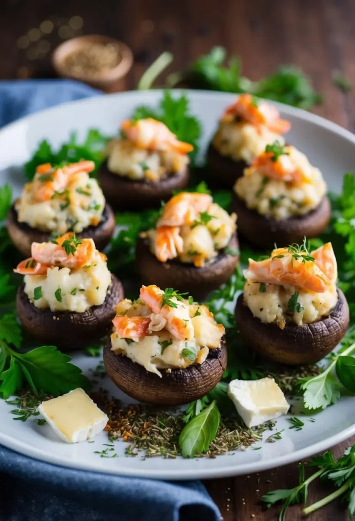 A plate of elegant crab and brie stuffed mushrooms. Each mushroom cap is filled with a creamy mixture of crab, brie cheese, and herbs. The dish looks sophisticated and perfect for a special occasion.